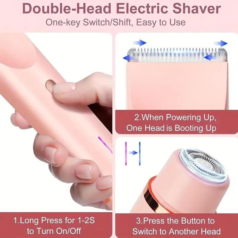 Selectedsky Bikini Trimmer for Women, Electric Shaver and Razor Rechargeable 2-In-1 Body and Facial Epilator, Dual Heads for Painless Trimming of Pubic Hair, Face, Underarms and Legs, Summer Gift